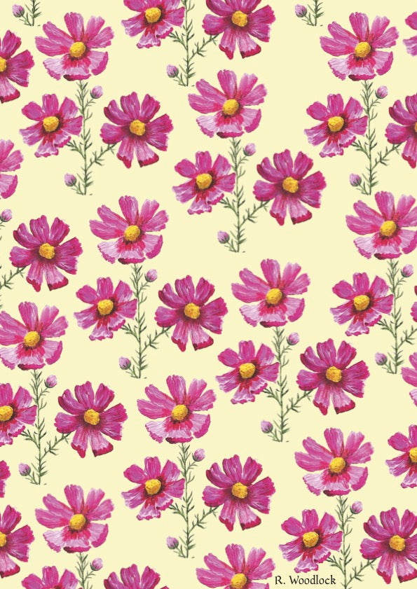 'Pink Cosmos On Yellow' Tea Towel