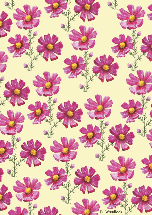 'Pink Cosmos On Yellow' Tea Towel